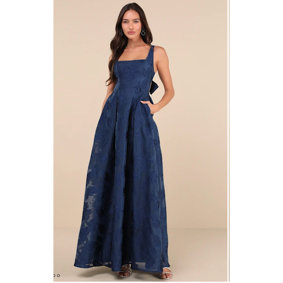 Lulus Navy Jacquard Tie-Back with Pockets Perfected Aura  Maxi Dress Size XL - Picture 10 of 13